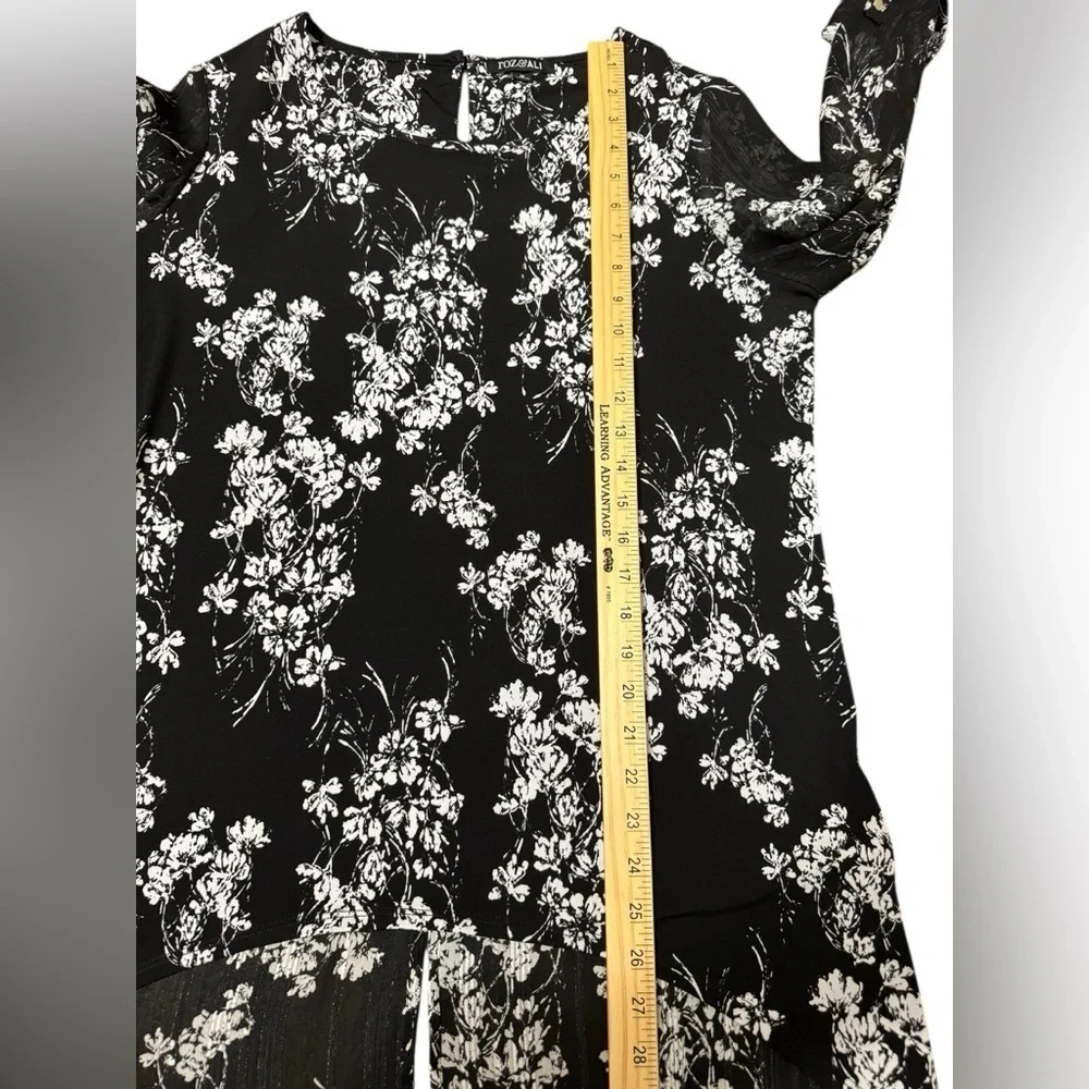 Black White Floral Sheer Blouse Tunic Top 3/4 Sleeve High Low Hem